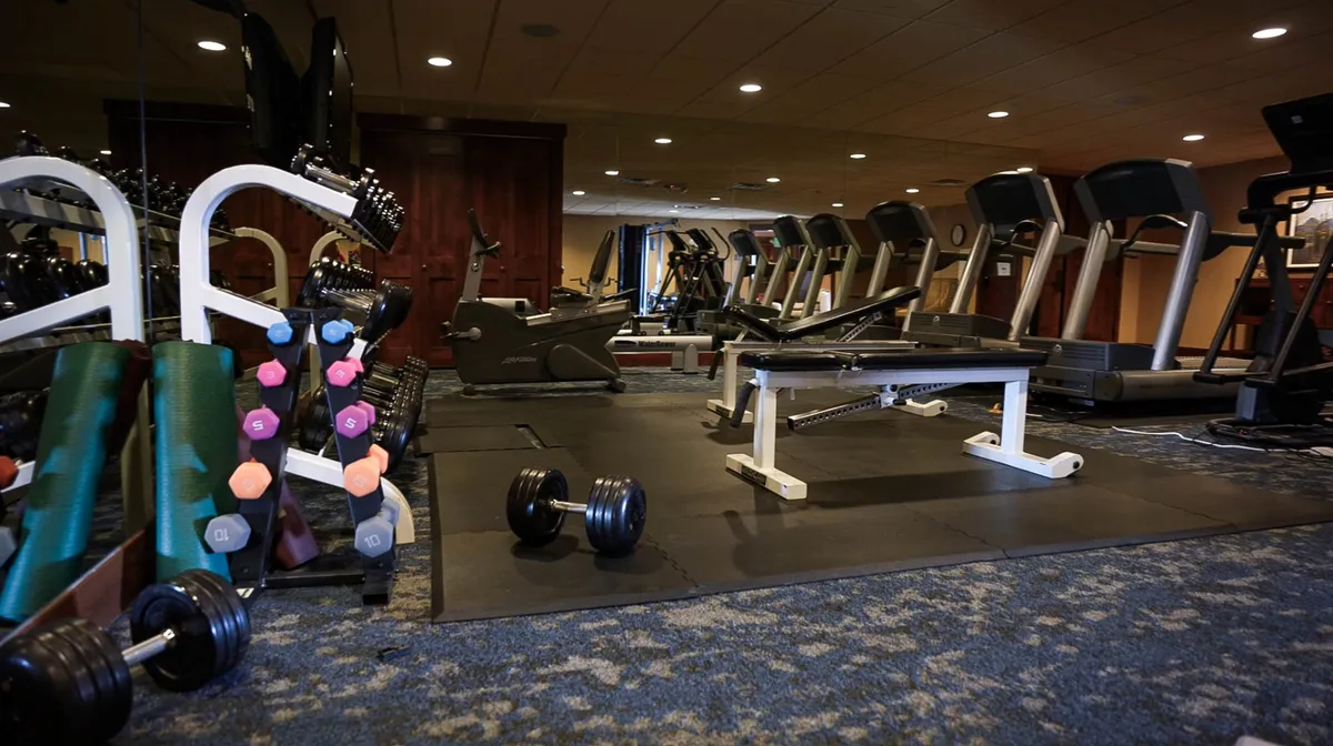 This image shows a bright, well-equipped fitness center featuring dumbbells, treadmills, and a weight bench. The space is clean and inviting, with ample room for guests to work out comfortably. The setup conveys an energetic atmosphere ideal for achieving fitness goals or simply staying active during a mountain getaway.